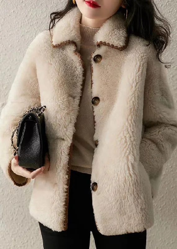 Women's Coats with Fur LiningFitted Beige Peter Pan Collar Pockets Patchwork Wool Coat Winter