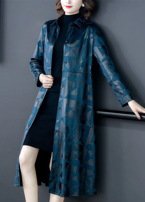 Women's Trench CoatsDiy Blue Peter Pan Collar Patchwork Print Silk Trench Coats Long Sleeve