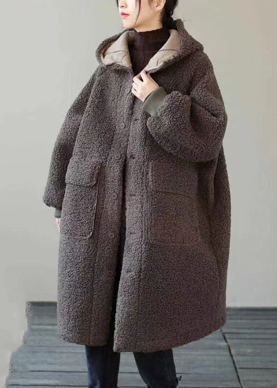 Women's Coats with Fur Trimmed HoodFashion Coffee Button Pockets Warm Faux Fur Hooded Coat Long Sleeve