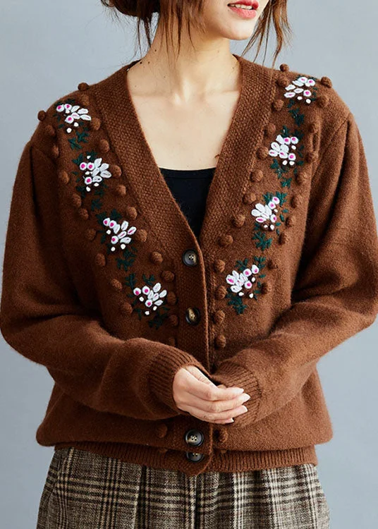 Women's Coats with Fur Trimmed ButtonsFitted Coffee Embroideried Button Knit sweaters Coat Winter