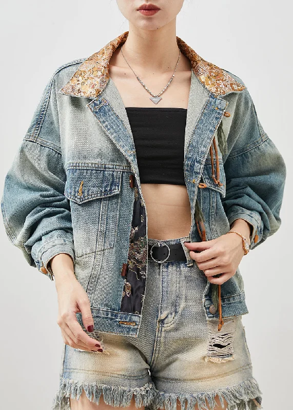 Women's Bomber CoatsFrench Blue Tasseled Patchwork Denim Jacket Spring