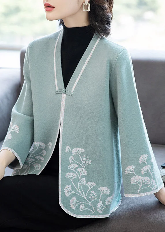 Women's Coats with ButtonsFrench Blue V Neck Button Print Patchwork Knit Coats Fall