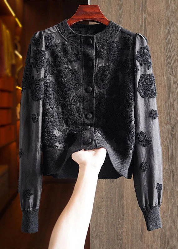 Women's Coats with Fur Trimmed BeltFrench Black O-Neck Button Silk Wool Patchwork Knit Coat Long Sleeve