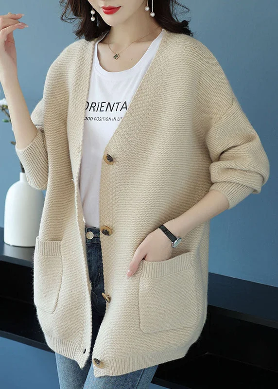 Women's Coats with Fur Trimmed BeltElegant Beige V Neck Pockets Patchwork Cashmere Loose Coat Fall