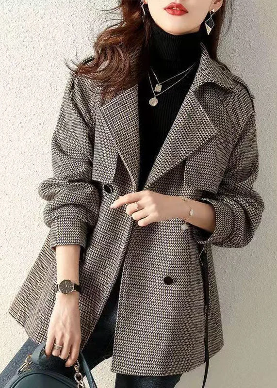 Women's Coats with BeltFrench Plaid Peter Pan Collar Pockets Patchwork Woolen Coats Fall