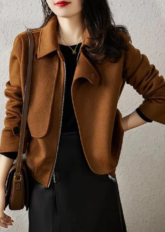 Women's Coats with Fur Trimmed BeltFrench Brown Zip Up Button Patchwork Woolen Coats Fall