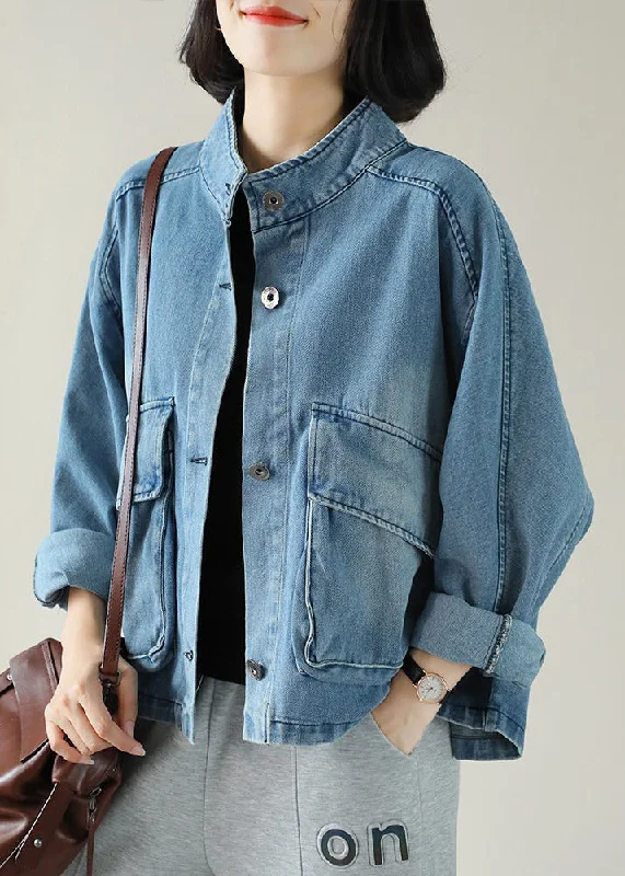 Women's Anorak CoatsFashion Blue Stand Collar Button Big Pockets Denim Coat Long Sleeve