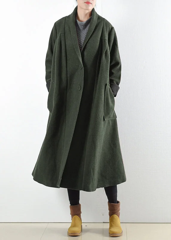 Women's Puffer CoatsElegant Green Notched Button Pockets Woolen Trench Coats Long Sleeve