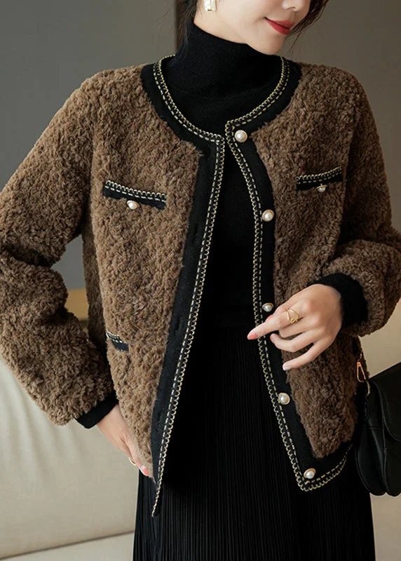 Women's Long CoatsFrench Chocolate O-Neck Patchwork Button Faux Fur Coats Winter