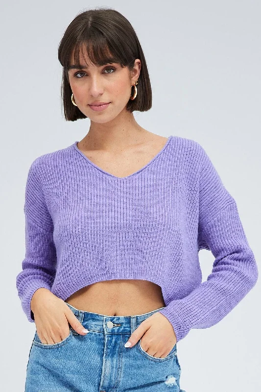 Women's Solid Color SweatersPurple Knit Jumper Long Sleeve V Neck