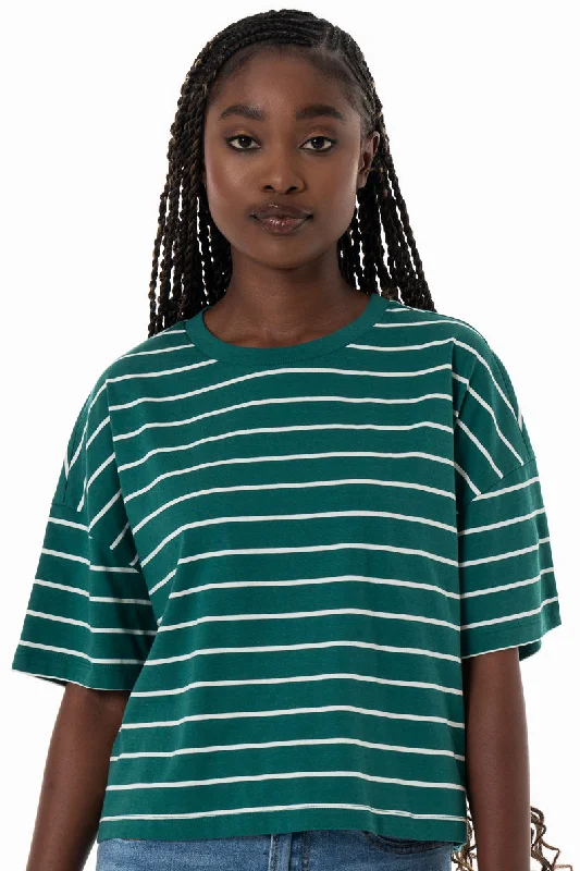 Women's Hungarian Wool SweatersStripe Boxy T-Shirt _ 152281 _ Green