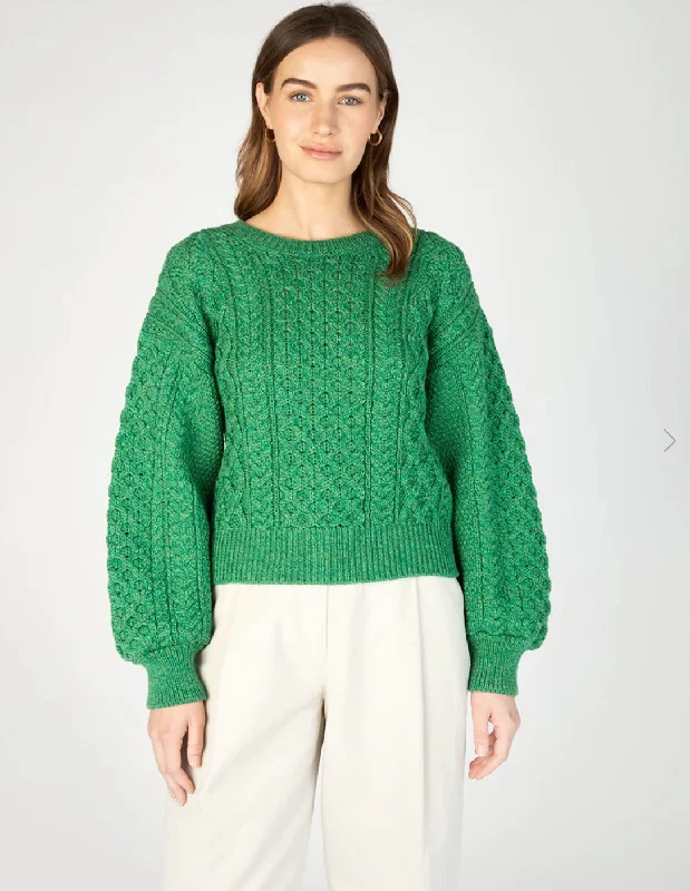 Women's Hungarian Wool SweatersIrelandsEye Honeysuckle Cropped Aran Sweater Green