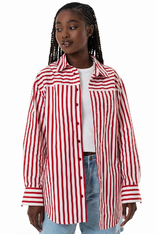 Women's Rounded Collar SweatersPoplin Stripe Shirt _ 153777 _ Red