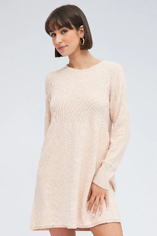 Women's Gathered SweatersPink Knit Dress Long Sleeve