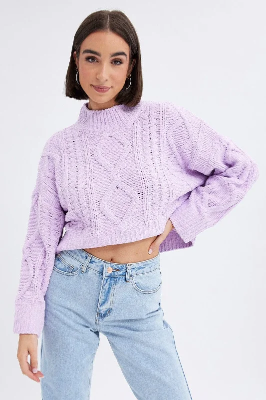 Women's Fine Gauge SweatersPurple Cable Knit Jumper Long Sleeve