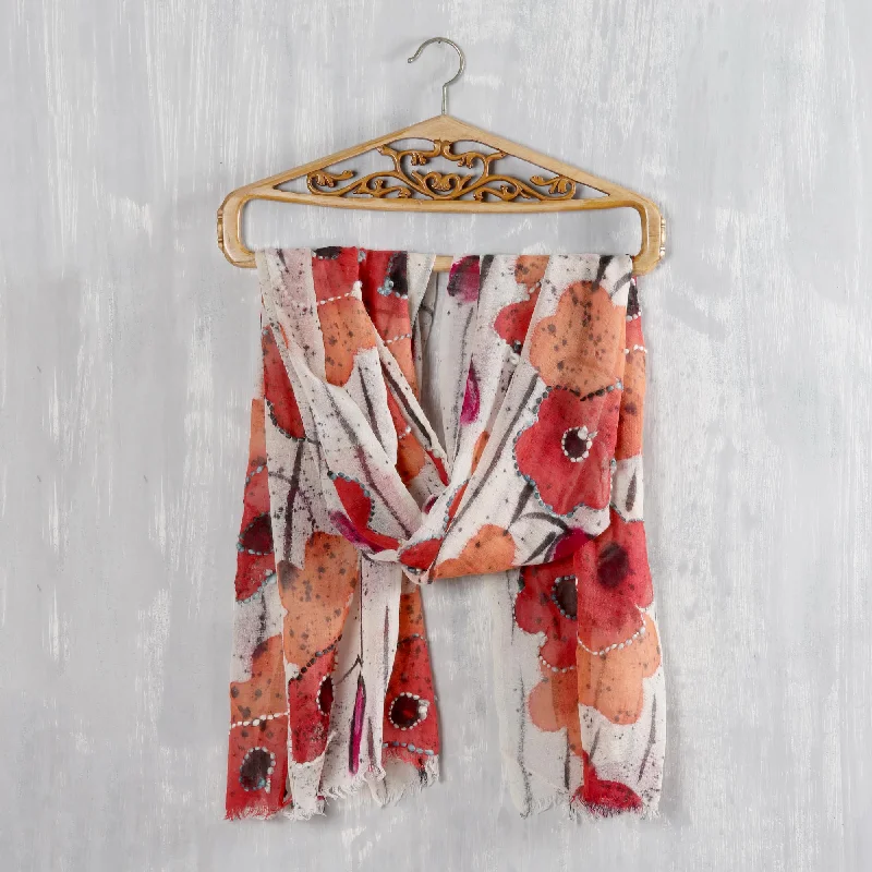 Women's Mandarin Collar SweatersMorning Allure Red and Orange Floral Wool Shawl from India