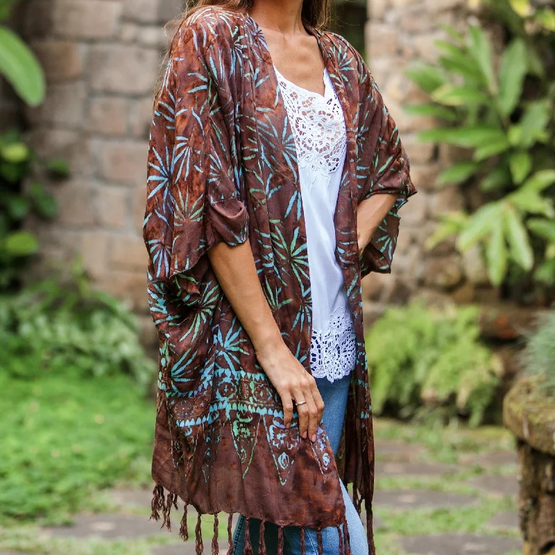 Women's Short Sleeve SweatersDenpasar Lady in Brown Leaf Motif Batik Rayon Kimono Jacket in Brown from Bali