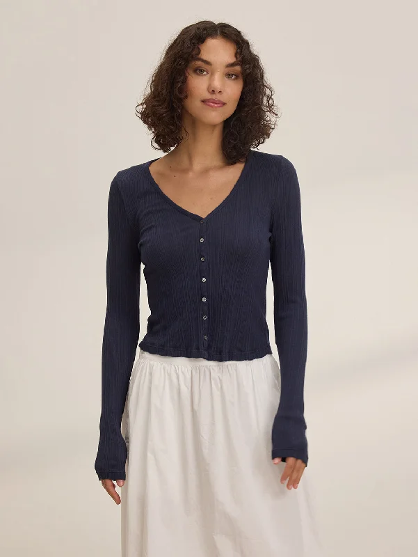 Women's Lapel Collar SweatersDrew Pointelle Cardigan - Navy