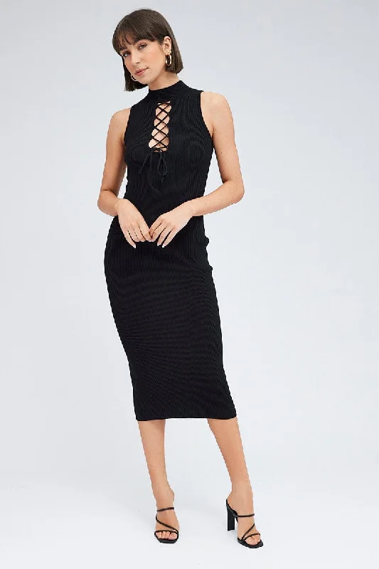 Women's Zip-Up SweatersBlack Knit Dress High Neck Sleeveless Midi