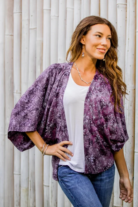 Women's Estonian Wool SweatersLavish Garden in Boysenberry Purple Batik Short Rayon Kimono Jacket