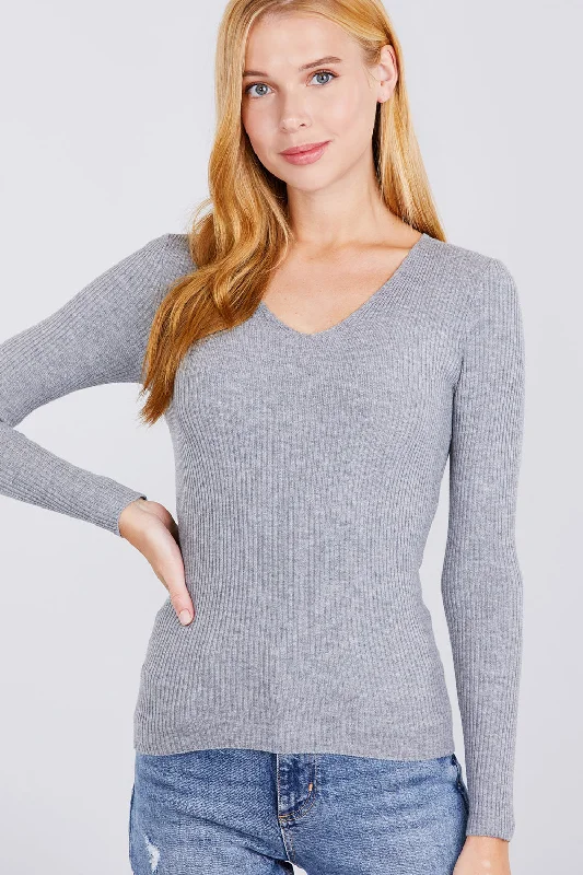 Women's Long Sleeve SweatersV-neck Viscose Rib Sweater