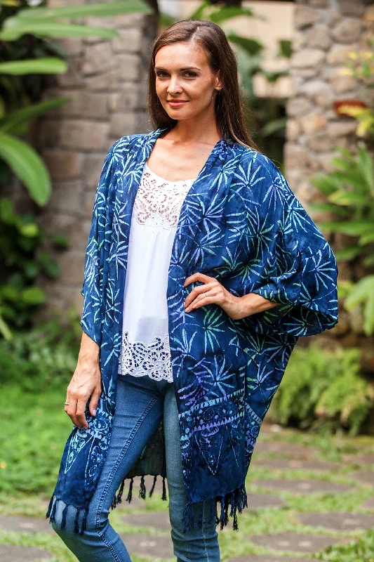 Women's Button-Up CardigansDenpasar Lady in Blue Leaf Motif Batik Rayon Kimono Jacket in Blue from Bali