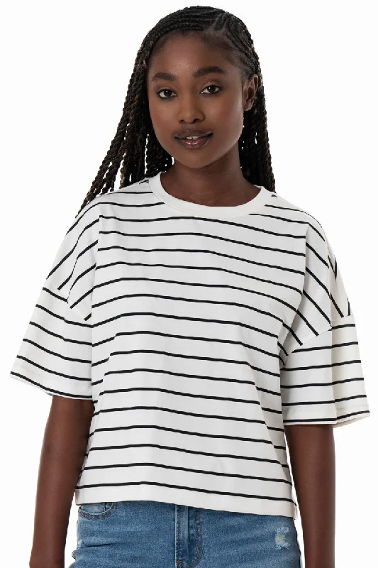 Women's Beaded SweatersStripe Boxy T-Shirt _ 154367 _ Milk