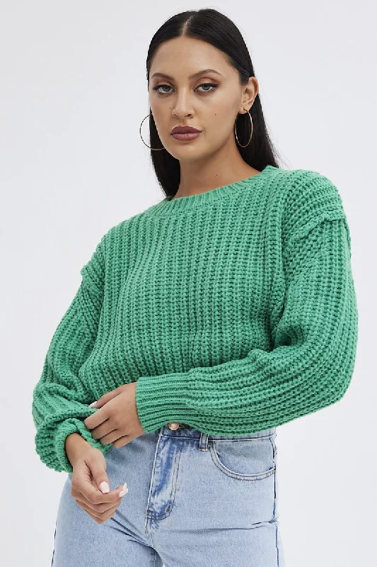 Women's Croatian Wool SweatersGreen Knit Top Round Neck Long Sleeve Crop