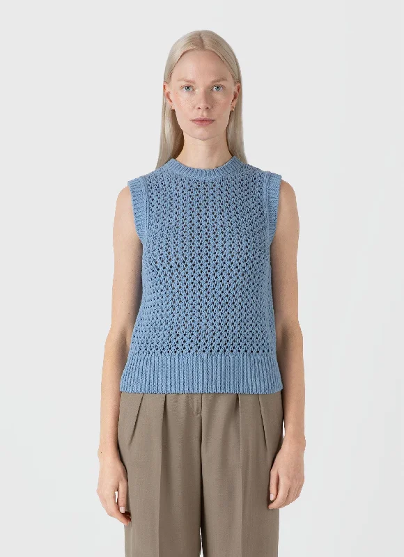 Women's Narrow Collar SweatersWomen's Chunky Cotton Stitch Vest in Light Blue