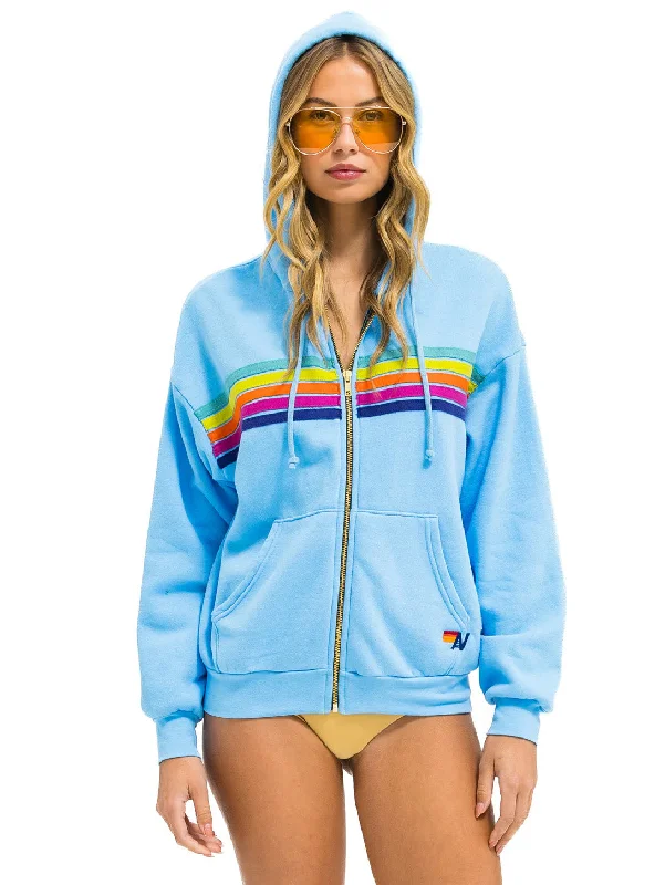 Women's Croatian Wool Sweaters5 Stripe Zip Hoodie - Sky/Rainbow