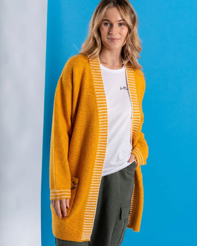 Women's U-Shaped Collar SweatersCoraline - Womens Longline Knitted Cardigan - Yellow