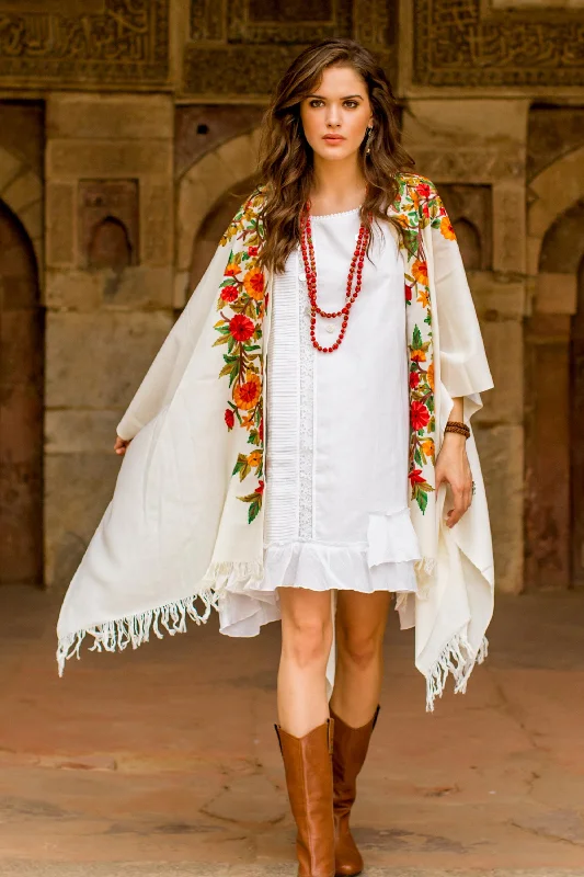 Women's Woolen SweatersValley of the Flowers Ample White Wool Cape with Chain Stitch Floral Embroidery