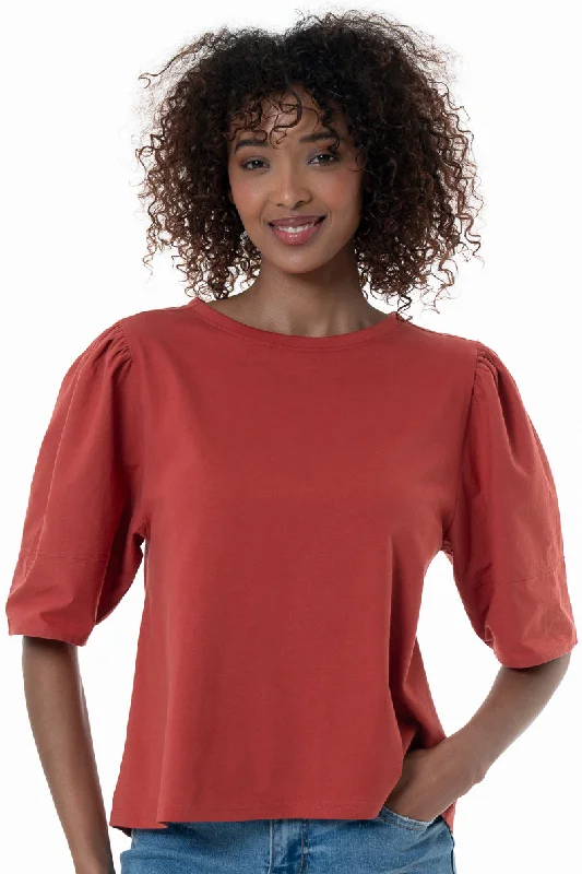 Women's Keyhole Collar SweatersT-Shirt With Boxy Sleeves _ 154368 _ Red