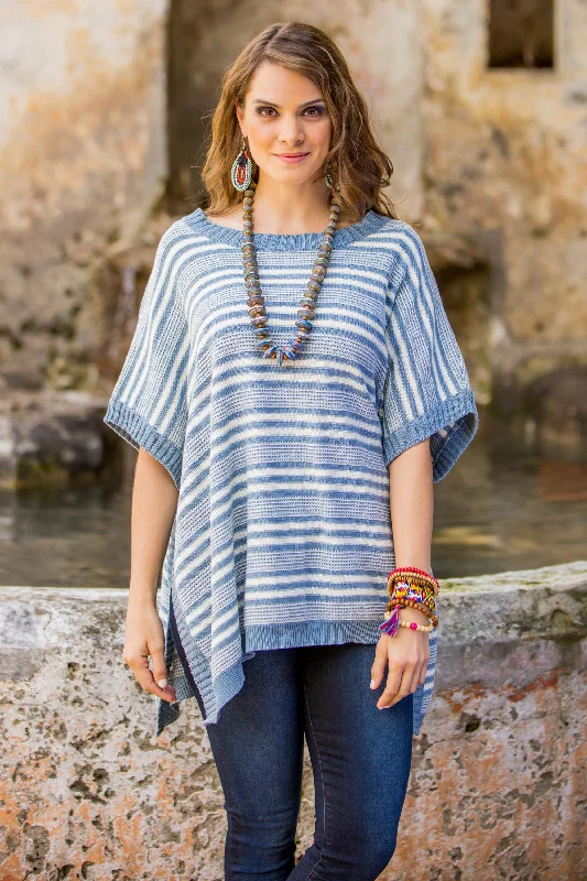 Women's Ruffled SweatersElegant Stripes Cotton Poncho Blue Stripes Wood Buttons from Guatemala