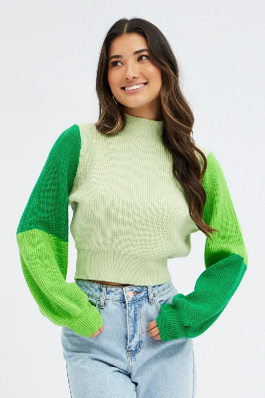 Women's V-Shaped Collar SweatersGreen Knit Jumper Colour Block