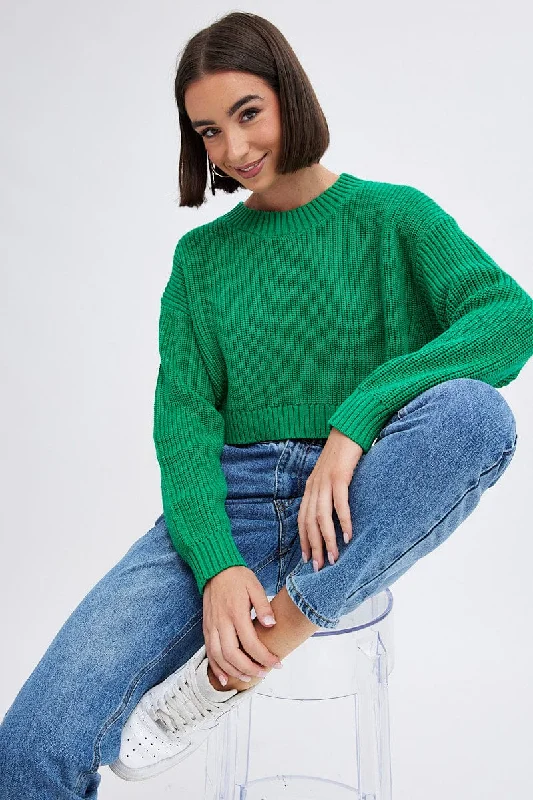 Women's Knitted SweatersGreen Knit Jumper Long Sleeve Cotton