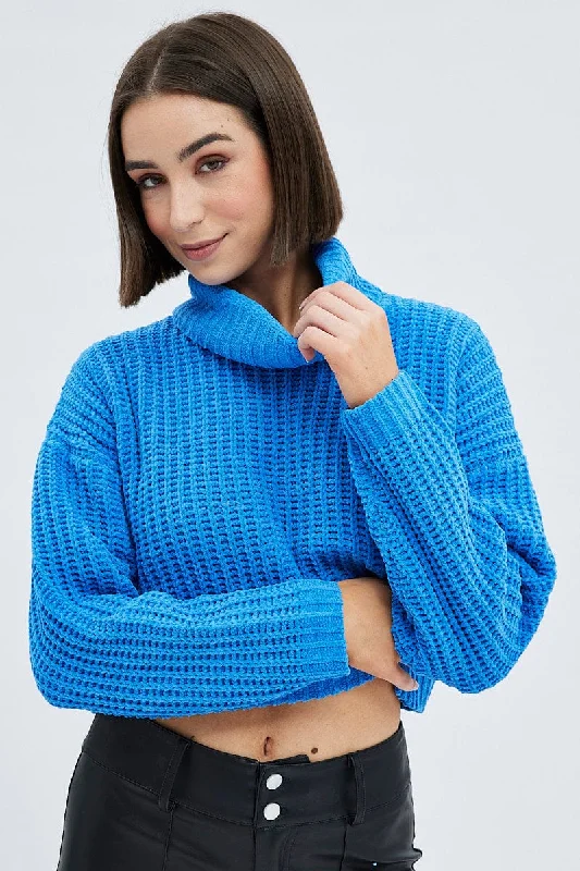 Women's Wide Collar SweatersBlue Knit Jumper Turtle Neck Chenille