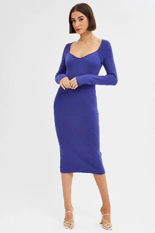 Women's Tasseled SweatersPurple Midi Dress Long Sleeve Sweetheart Neckline Knit