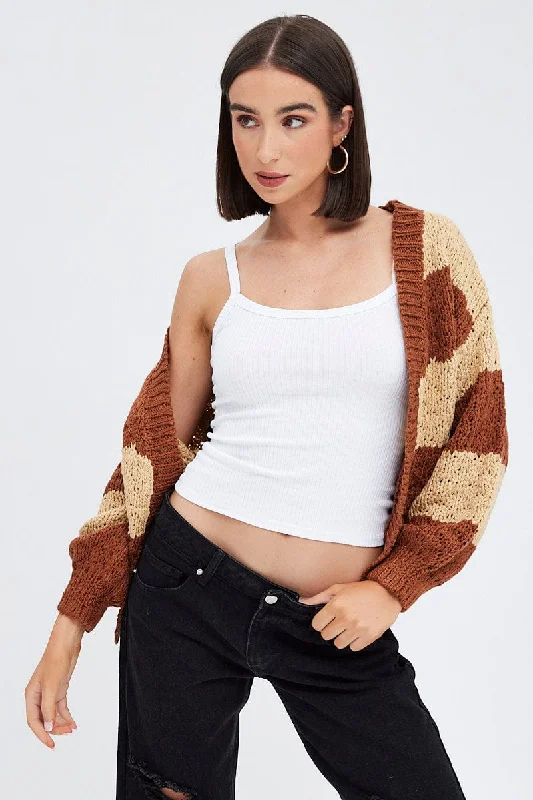 Women's Ukrainian Wool SweatersBeige Stripe Oversized Crop Cardigan