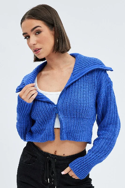 Women's Greek Wool SweatersBlue Zip up Crop Cardigan