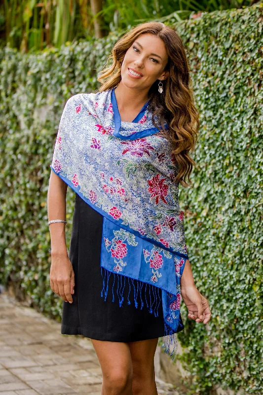 Women's Albanian Wool SweatersSapphire Mums Blue Batik Silk Shawl