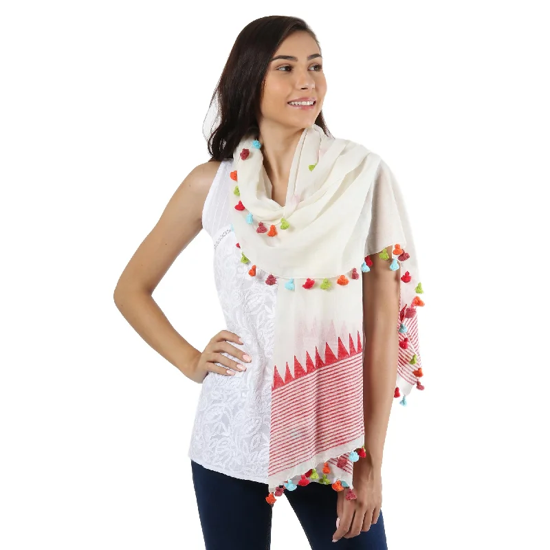 Women's U-Shaped Neck SweatersPop of Color Loom Woven 100% Cotton White and Red Shawl from India