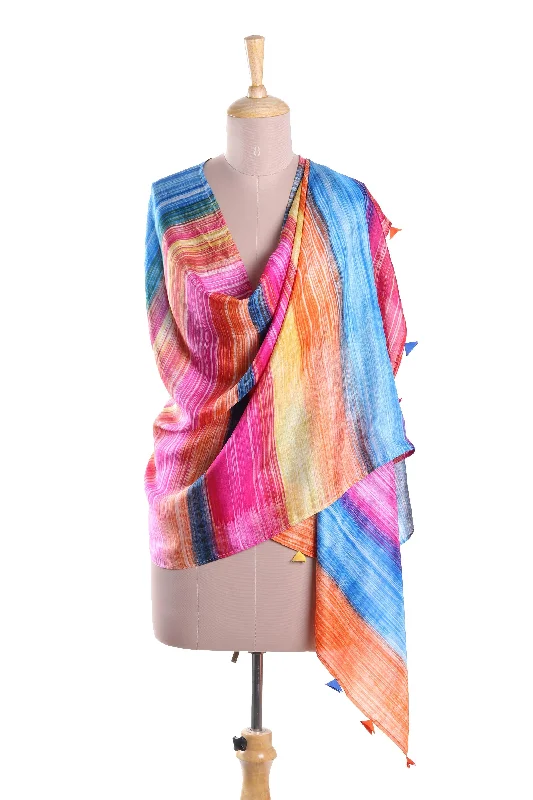 Women's Polyester SweatersCarnival Party Bright Multi-Color Striped Hand Printed 100% Silk Shawl