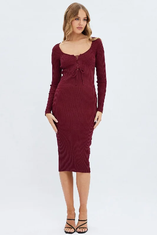 Women's Turkish Wool SweatersRed Knit Dress Long Sleeve Midi