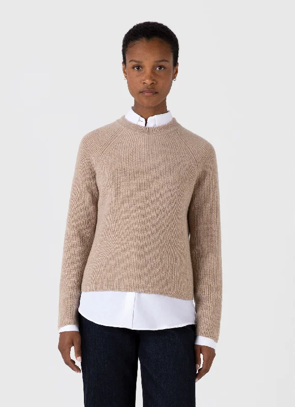 Women's V-Shaped Collar SweatersWomen's Wool Cashmere Rib Jumper in Oatmeal Melange