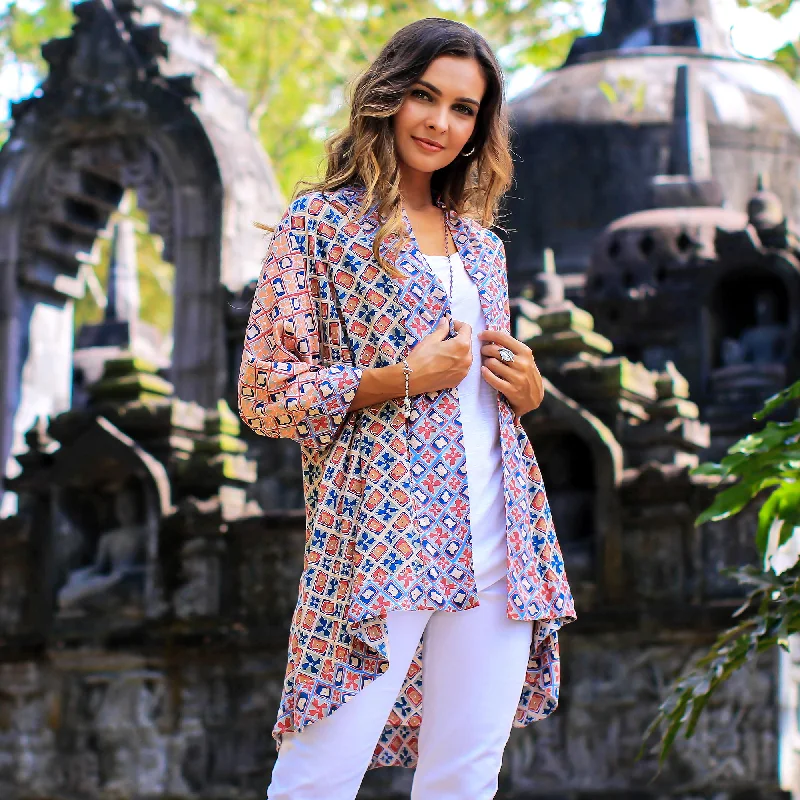 Women's Rounded Collar SweatersKelud Crisscross Chili and Azure Printed Rayon Kimono from Bali