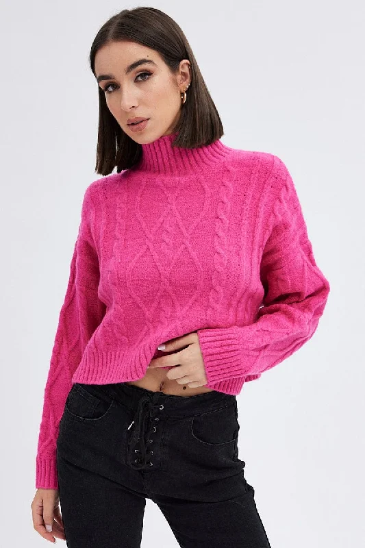 Women's Square Collar SweatersPink Cable Knit Jumper High neck