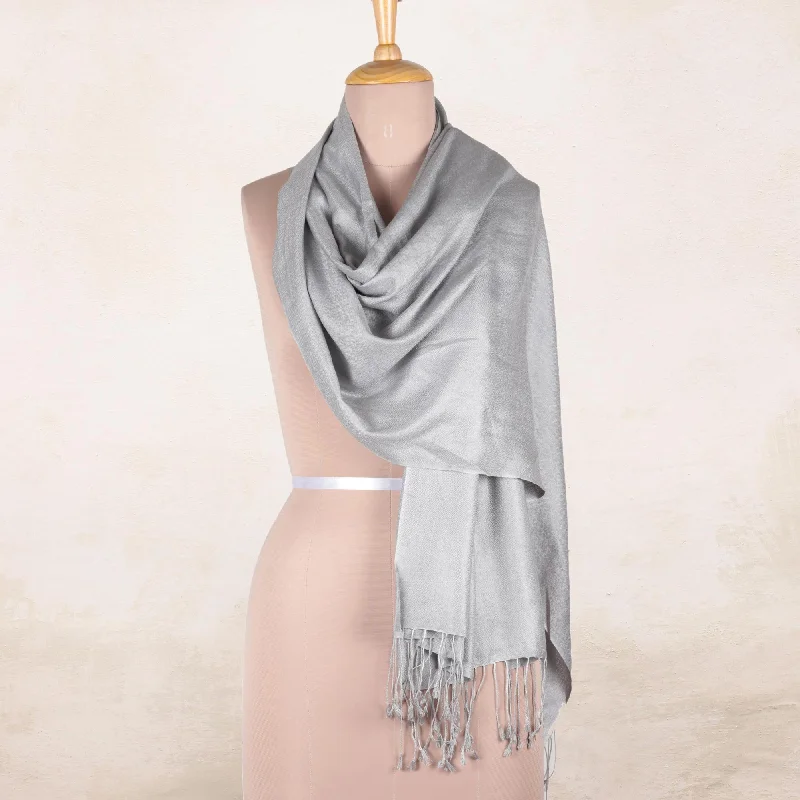 Women's Azerbaijani Wool SweatersSilver Nights Pure Silk Shawl in Silver Grey from India