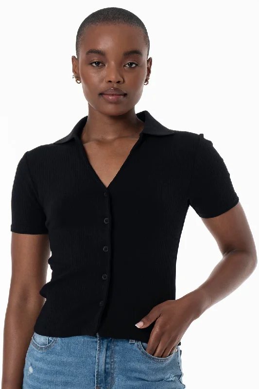 Women's Ribbed SweatersMock Button Top _ 154497 _ Black