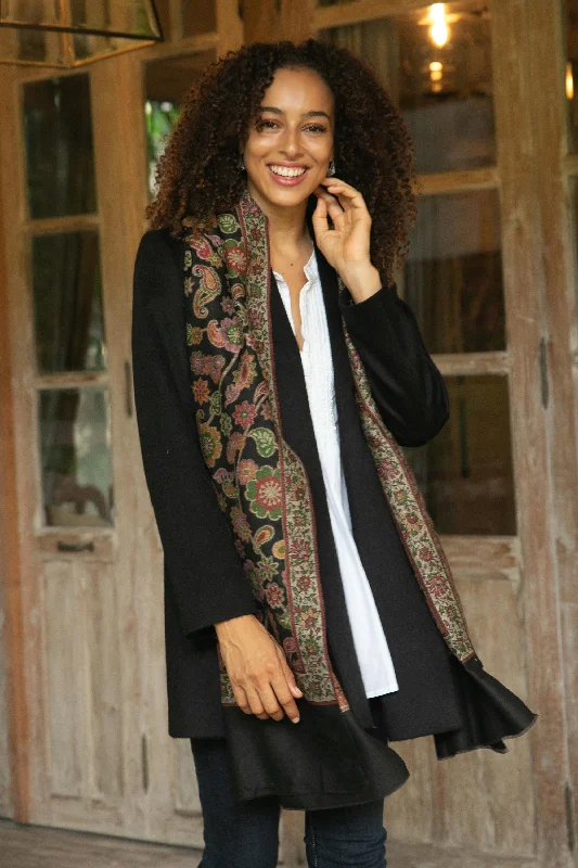 Women's Romanian Wool SweatersMidnight Garden Floral Wool Shawl in Black from India